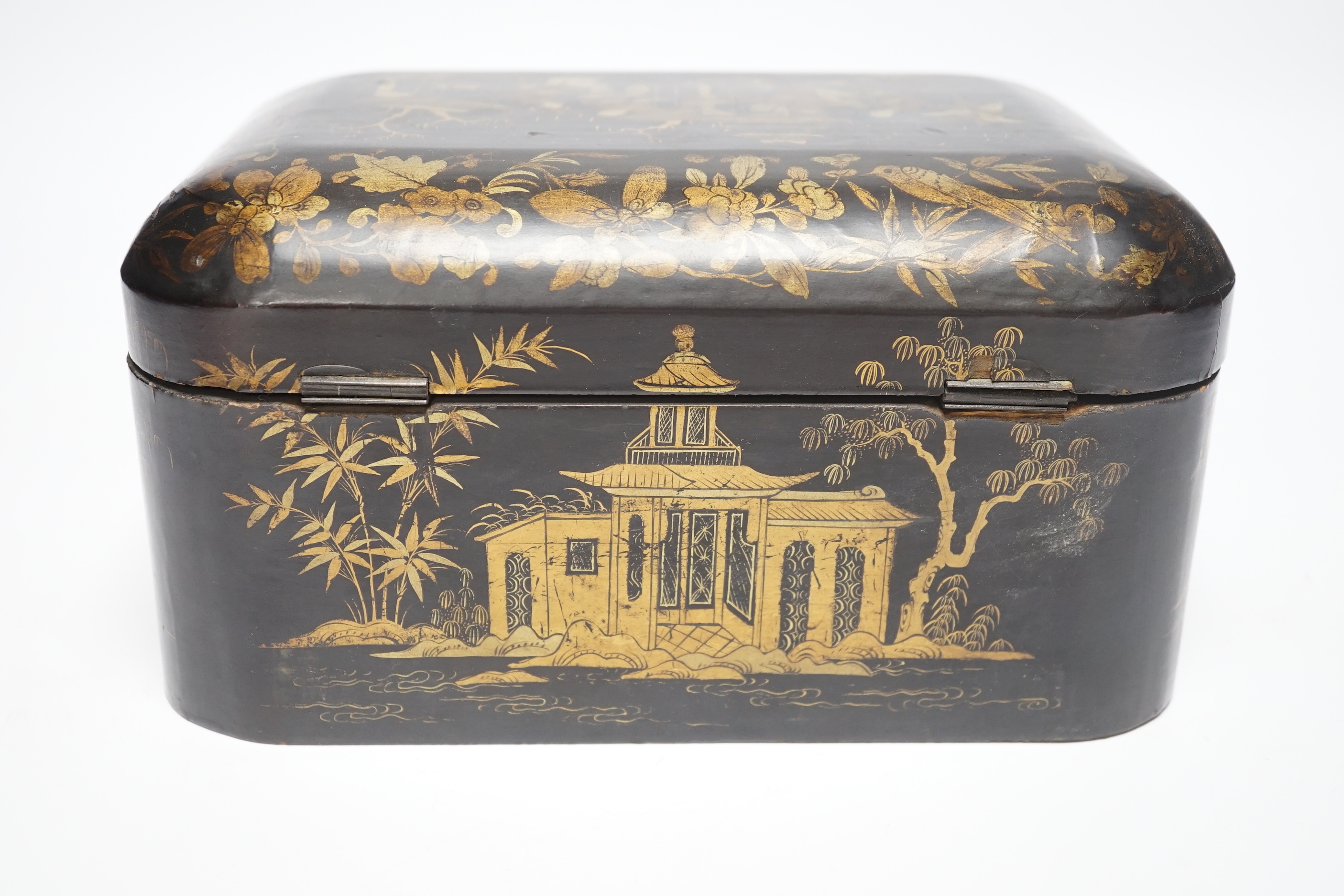 A 19th century Cantonese lacquer box and later playing cards, 23cm wide